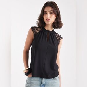 NWOT! Trende Black Sleeveless Lace Shoulder Top Keyhole Front & Tie Keyhole Back